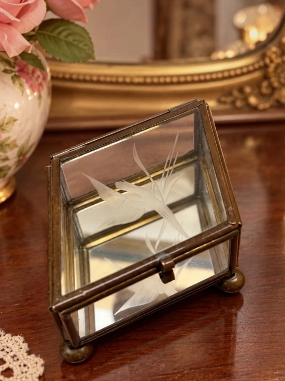 Vintage Diamond Coffin Style Glass Trinket Box Brass Footed Mirrored Floral